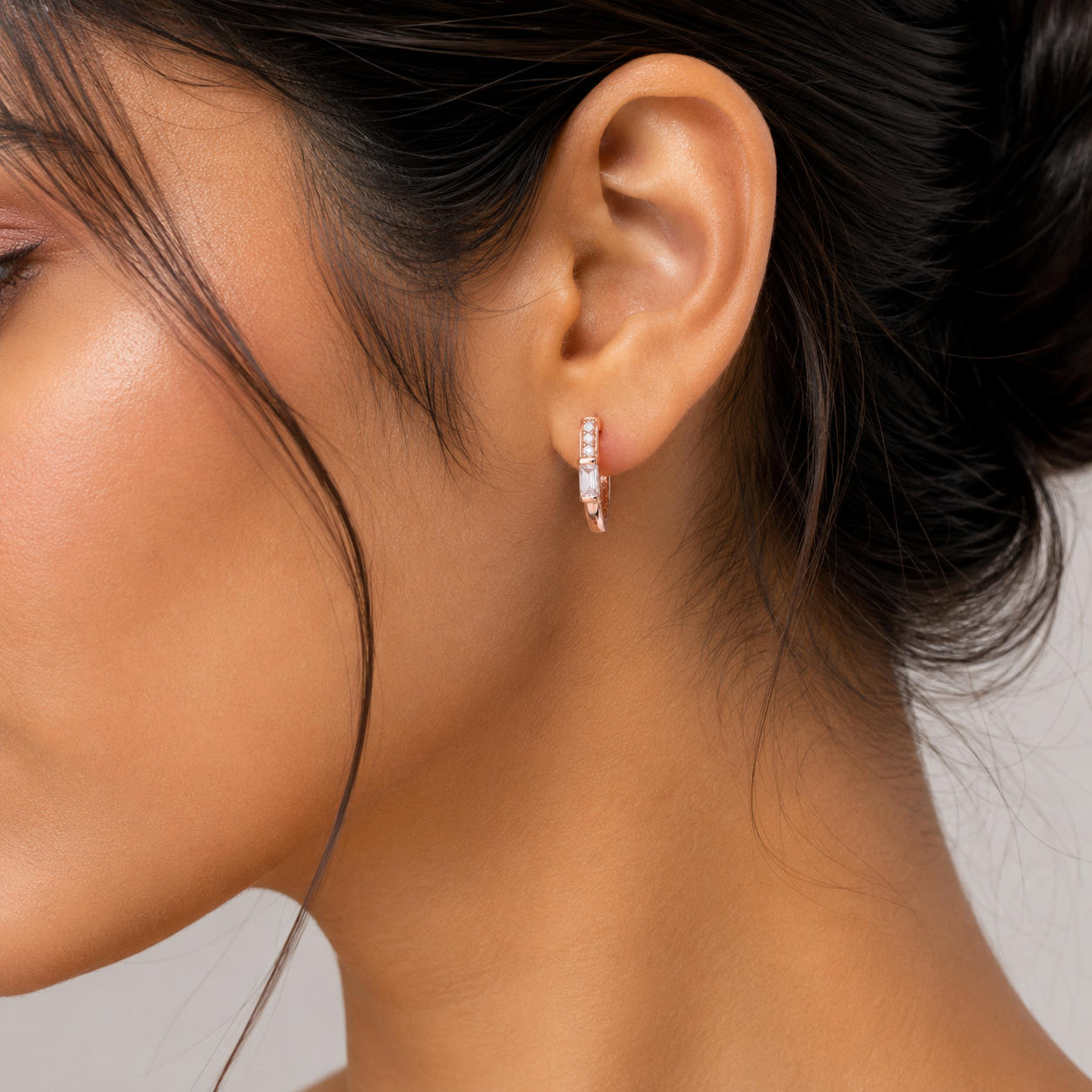 Rose Gold Baguette CZ Huggie Earrings_03