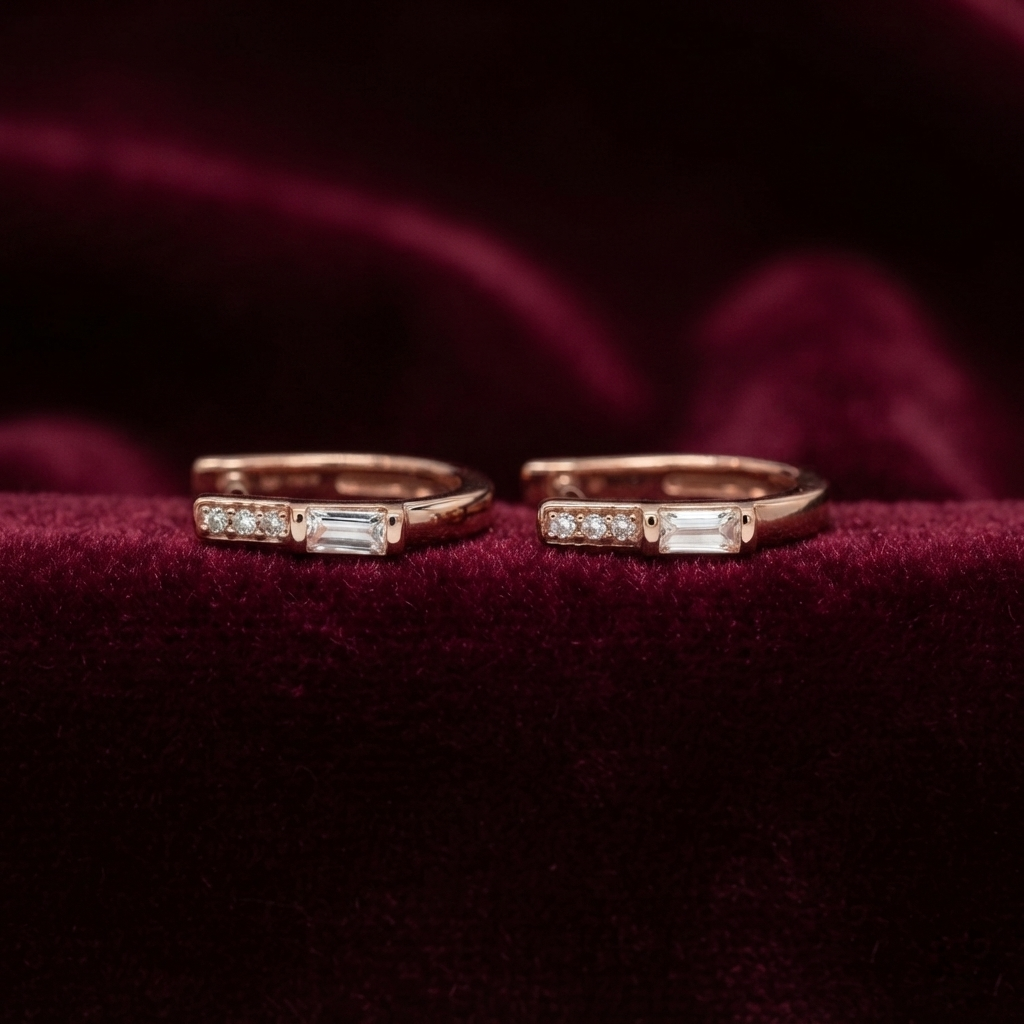 Rose Gold Baguette CZ Huggie Earrings_04