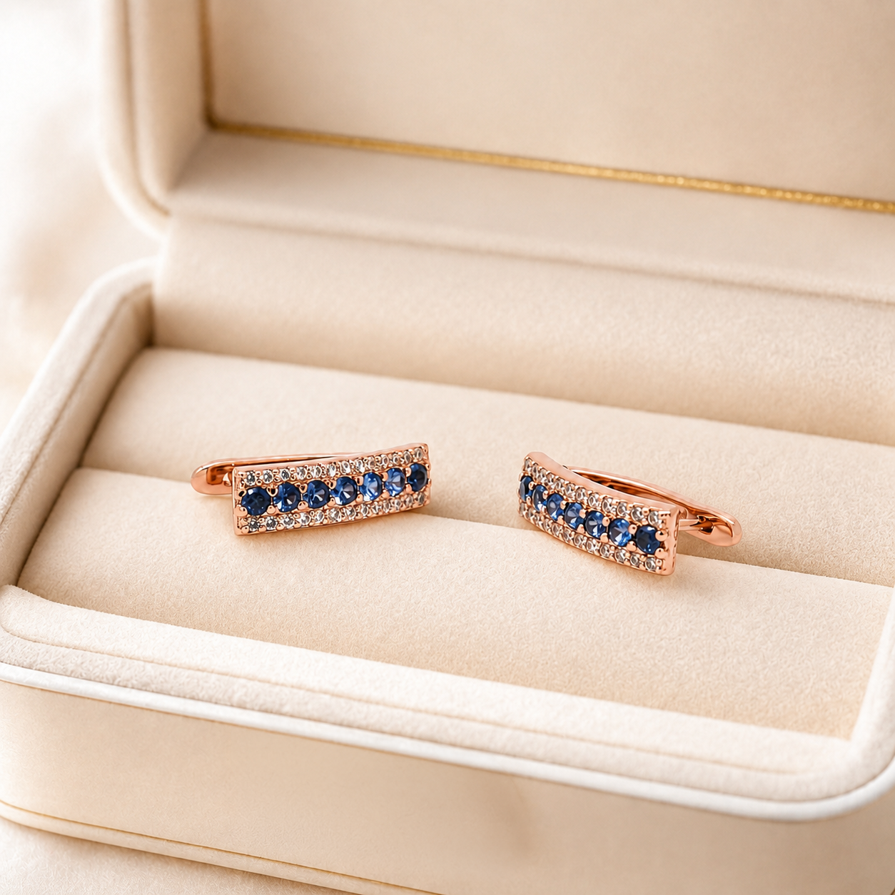 Rose Gold Blue CZ Bar Huggie Earrings_03