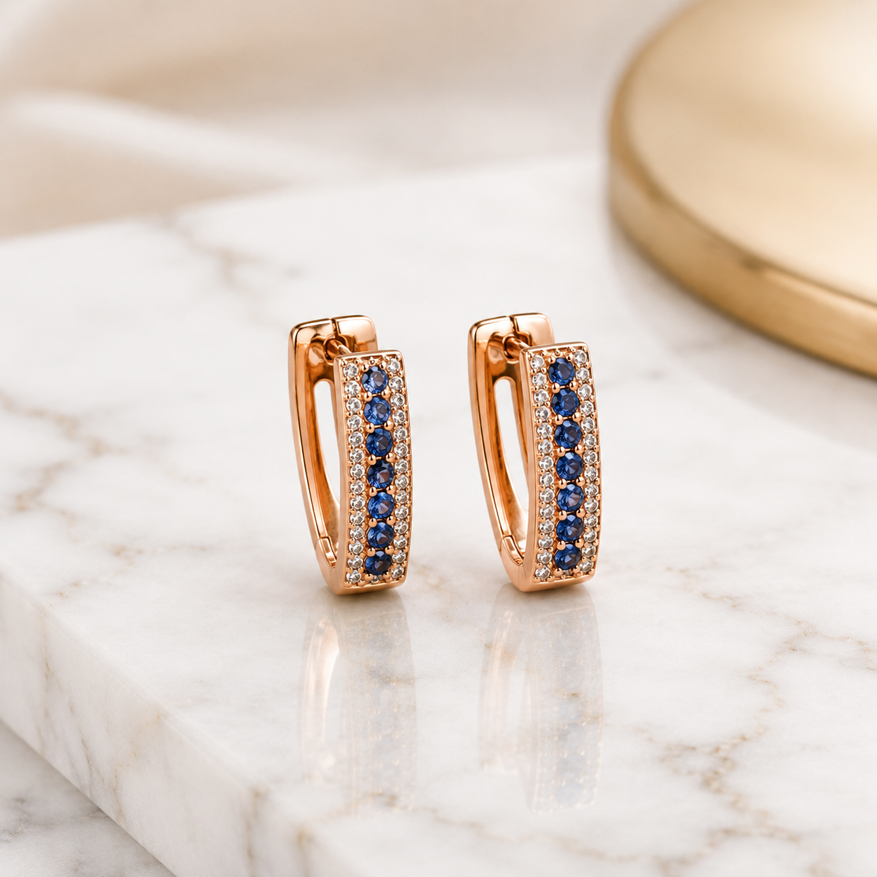 Rose Gold Blue CZ Bar Huggie Earrings_04