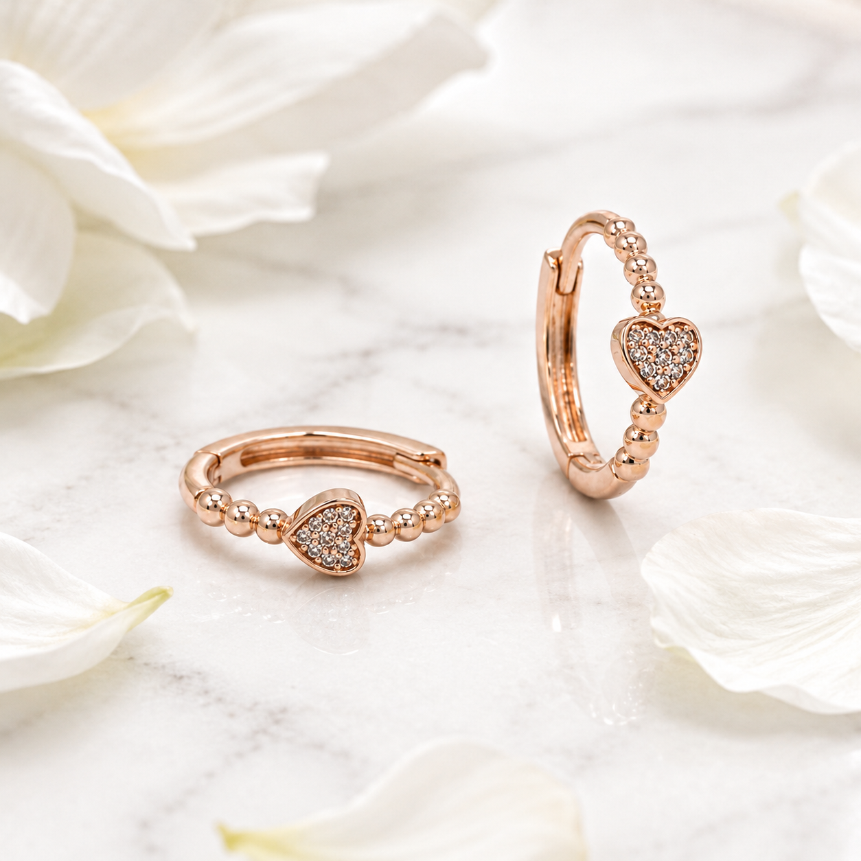Silver and Rose Gold Heart Huggie Earrings_04