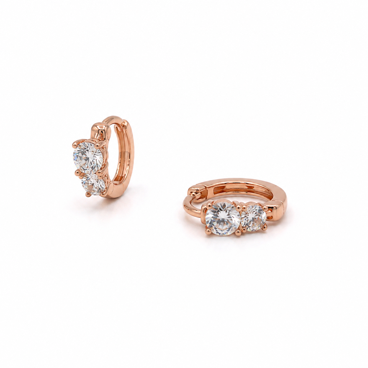 Rose Gold Double Round CZ Huggie Earrings_01