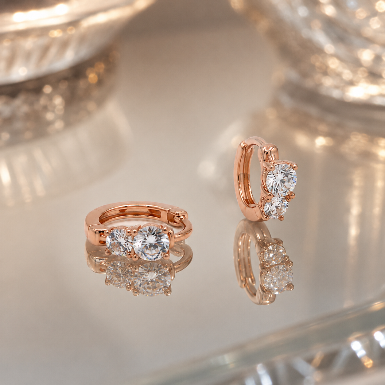 Rose Gold Double Round CZ Huggie Earrings_04