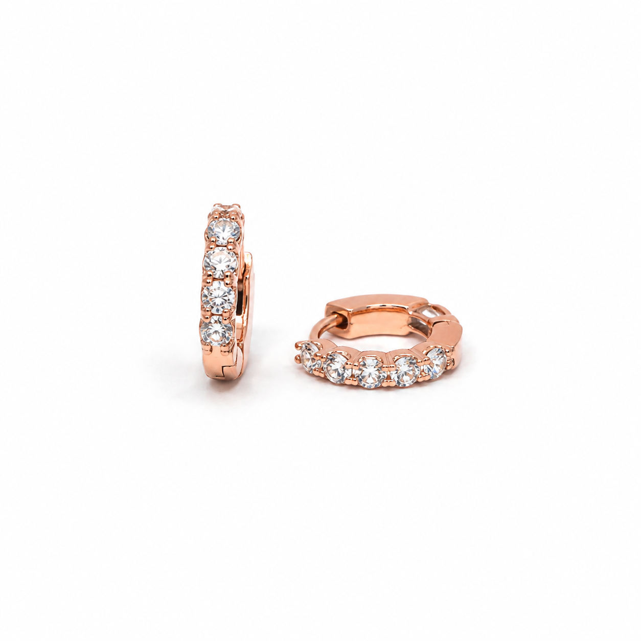 Rose Gold Huggie Hoop Earrings with Round CZ Stones_01