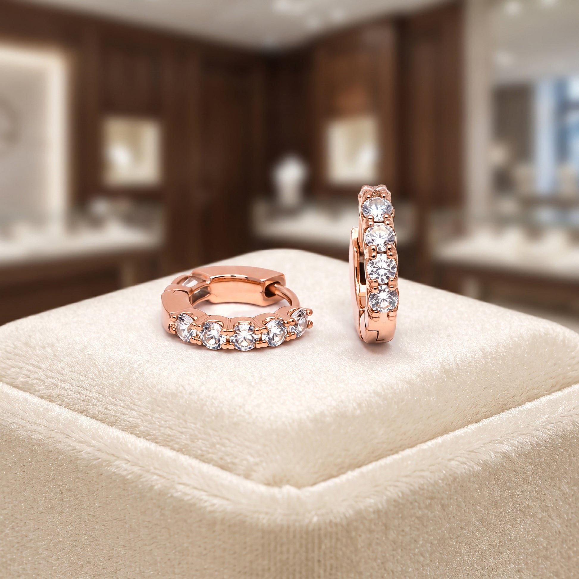 Rose Gold Huggie Hoop Earrings with Round CZ Stones_02