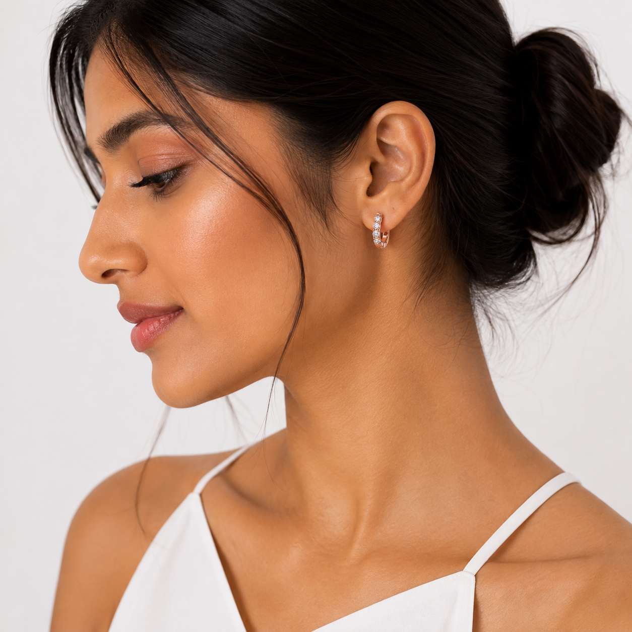 Rose Gold Huggie Hoop Earrings with Round CZ Stones_03