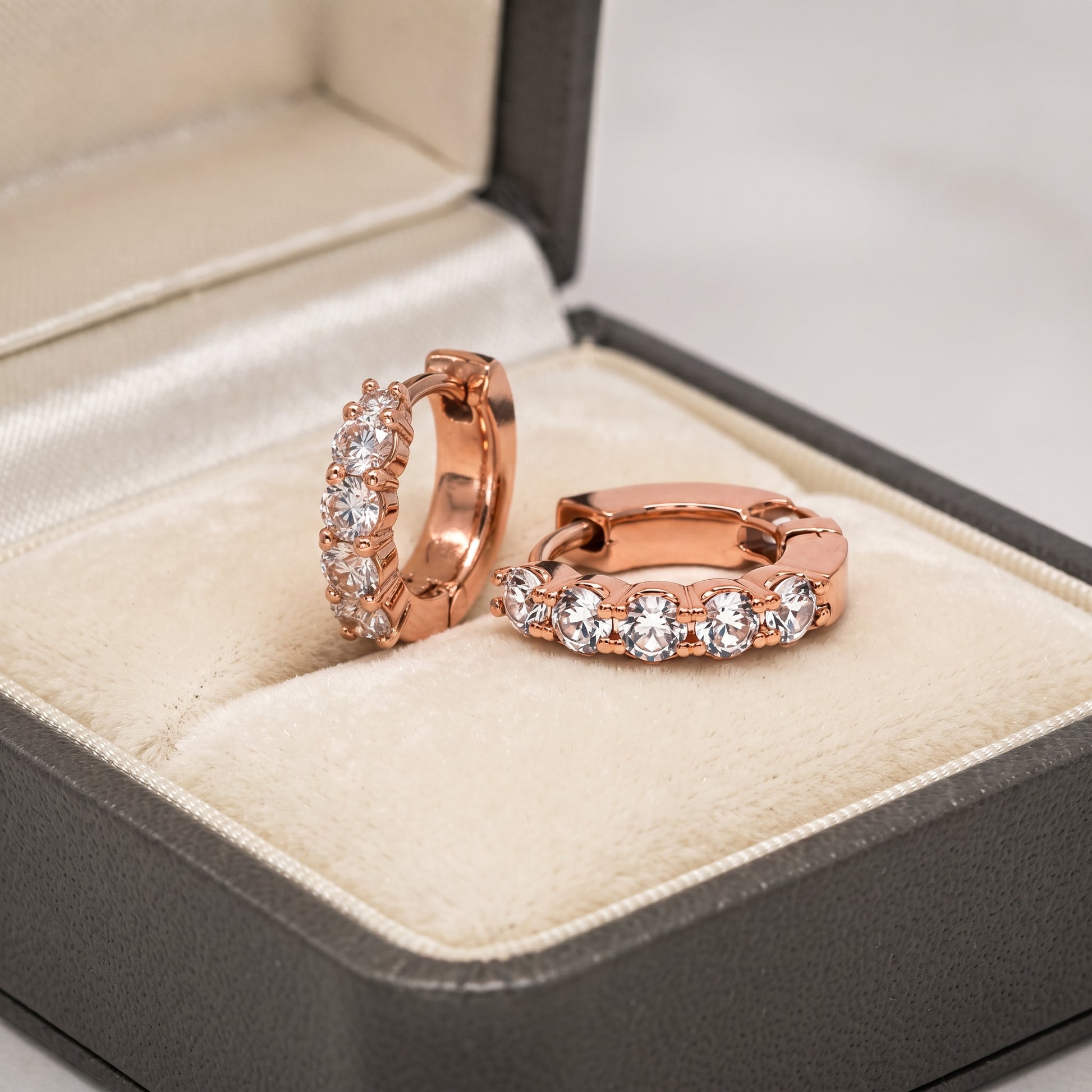 Rose Gold Huggie Hoop Earrings with Round CZ Stones_04