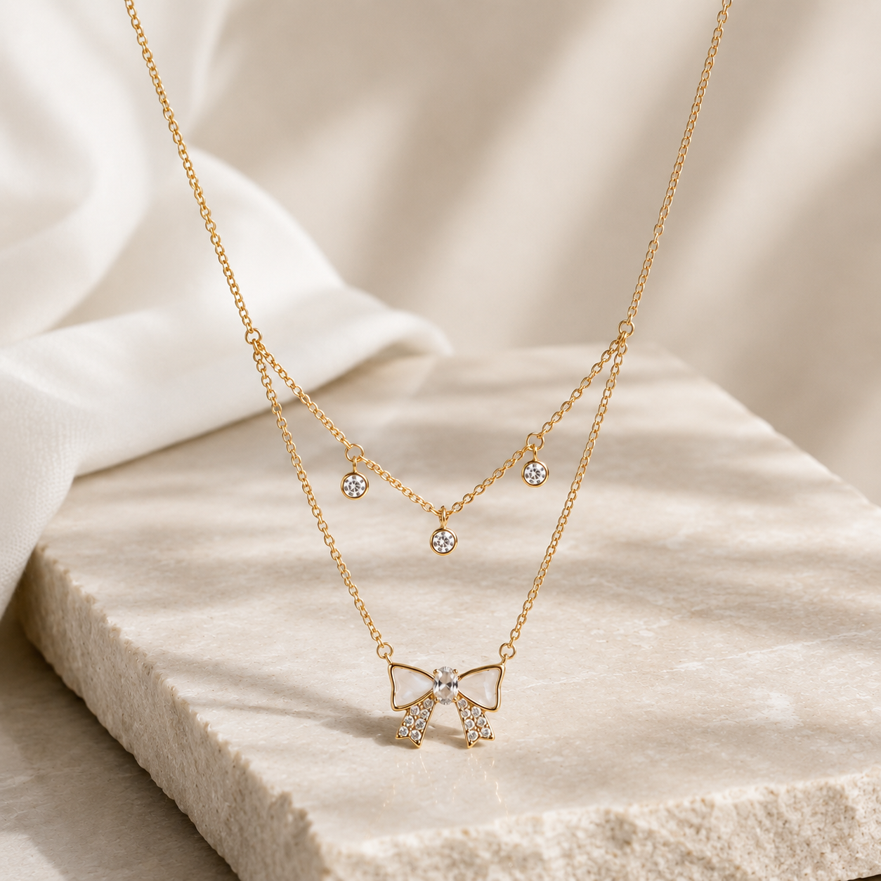 Rose Gold Layered Mother of Pearl Bow Necklace