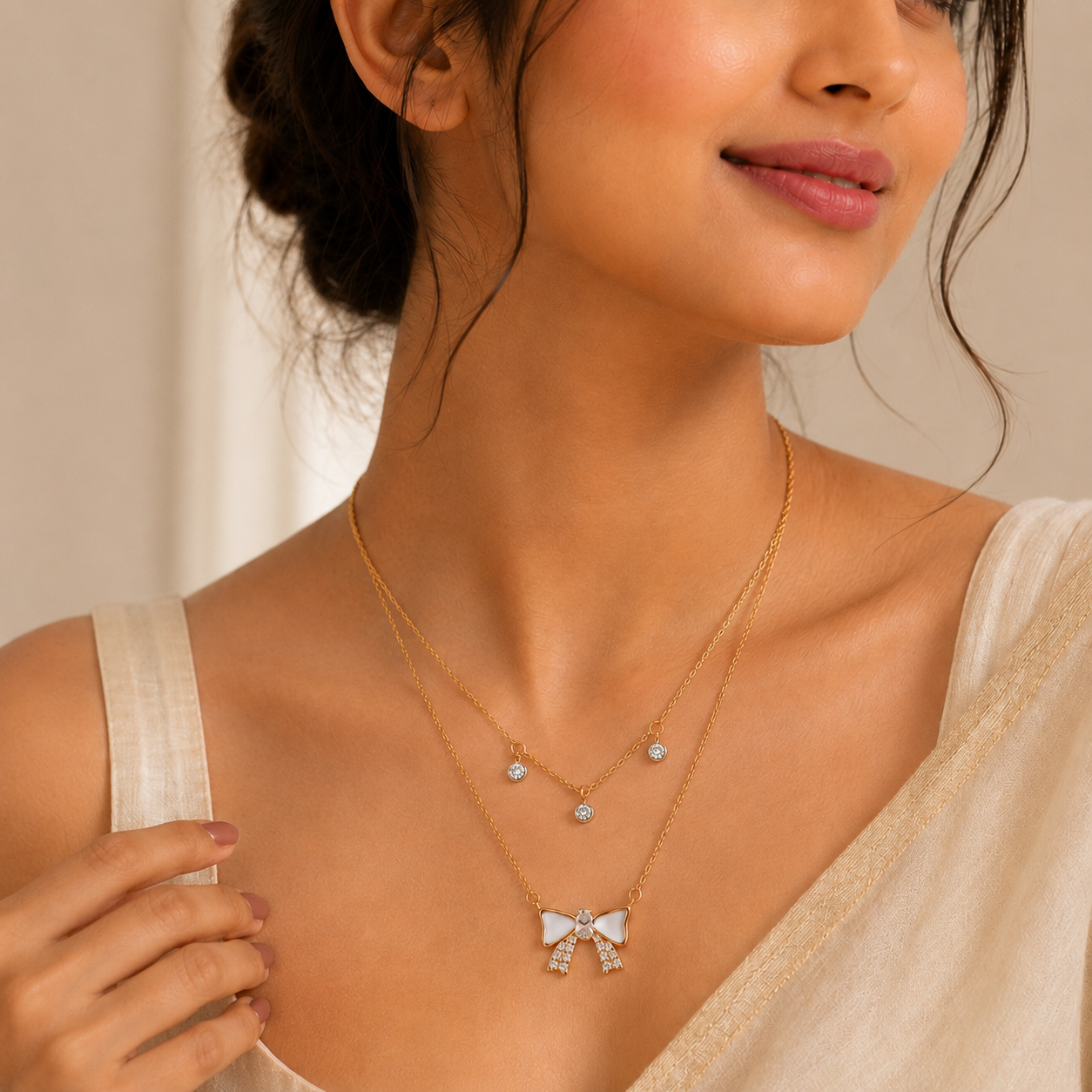 Rose Gold Layered Mother of Pearl Bow Necklace