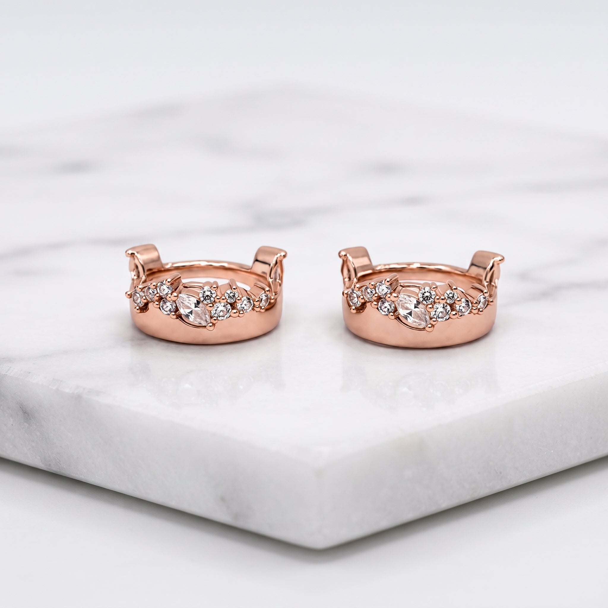 Rose Gold Marquise CZ Cluster Huggie Earrings_03