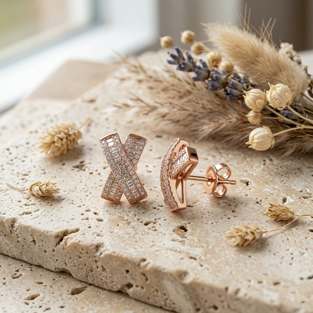 Rose Gold Pave Crossover Huggie Earrings