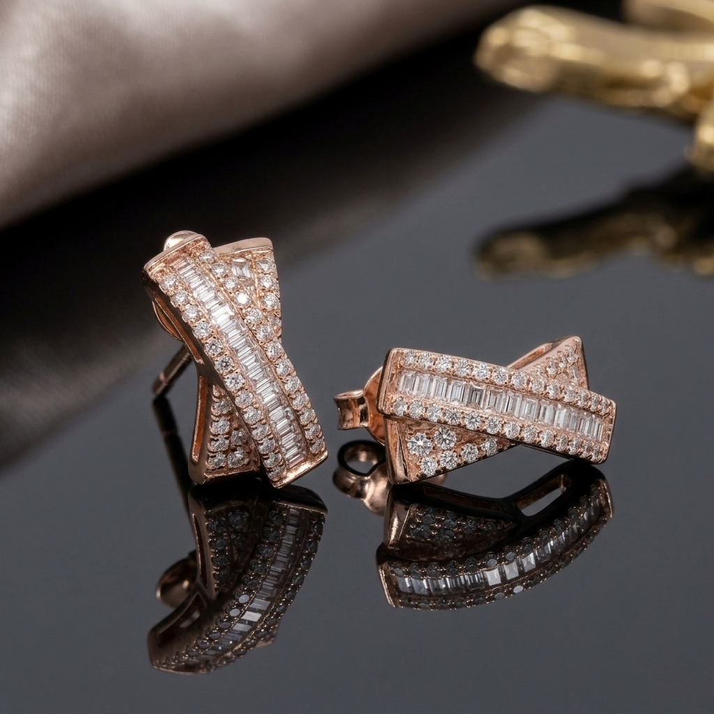 Rose Gold Pave Crossover Huggie Earrings