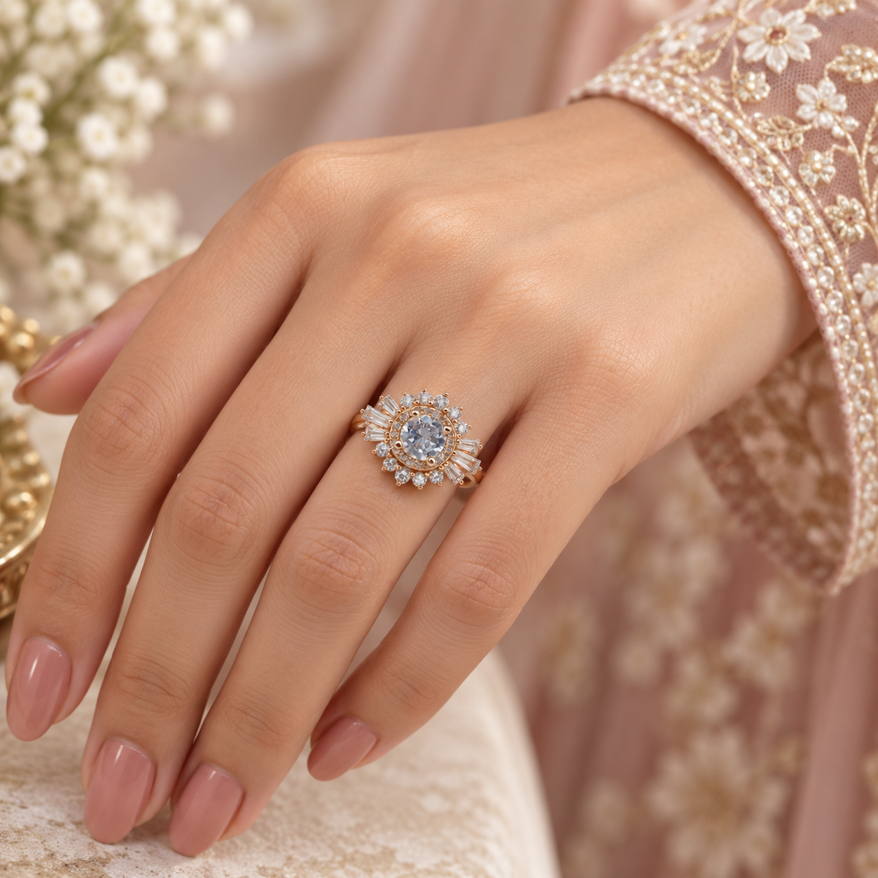 Rose Gold Sunburst Halo Ring