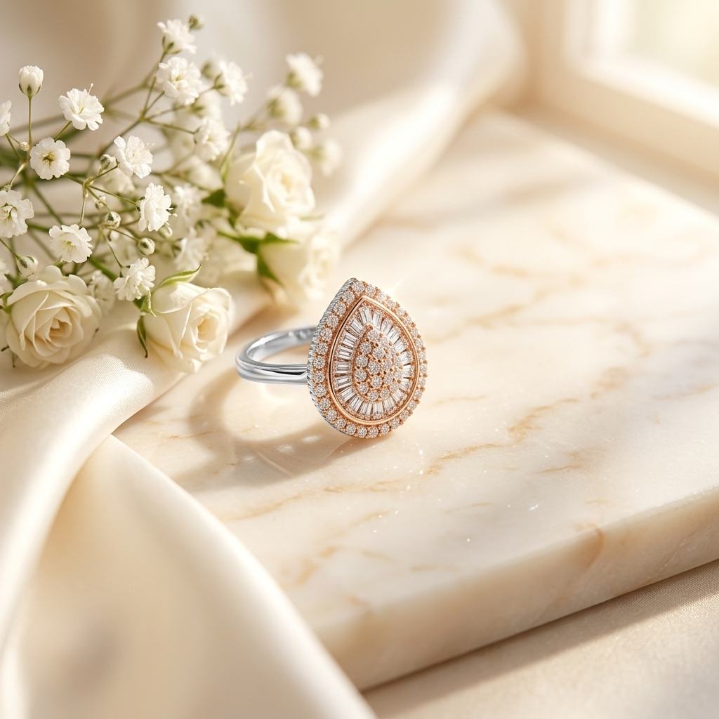 Rose Gold Teardrop Cluster Ring resting on a marble surface next to white baby's breath flowers