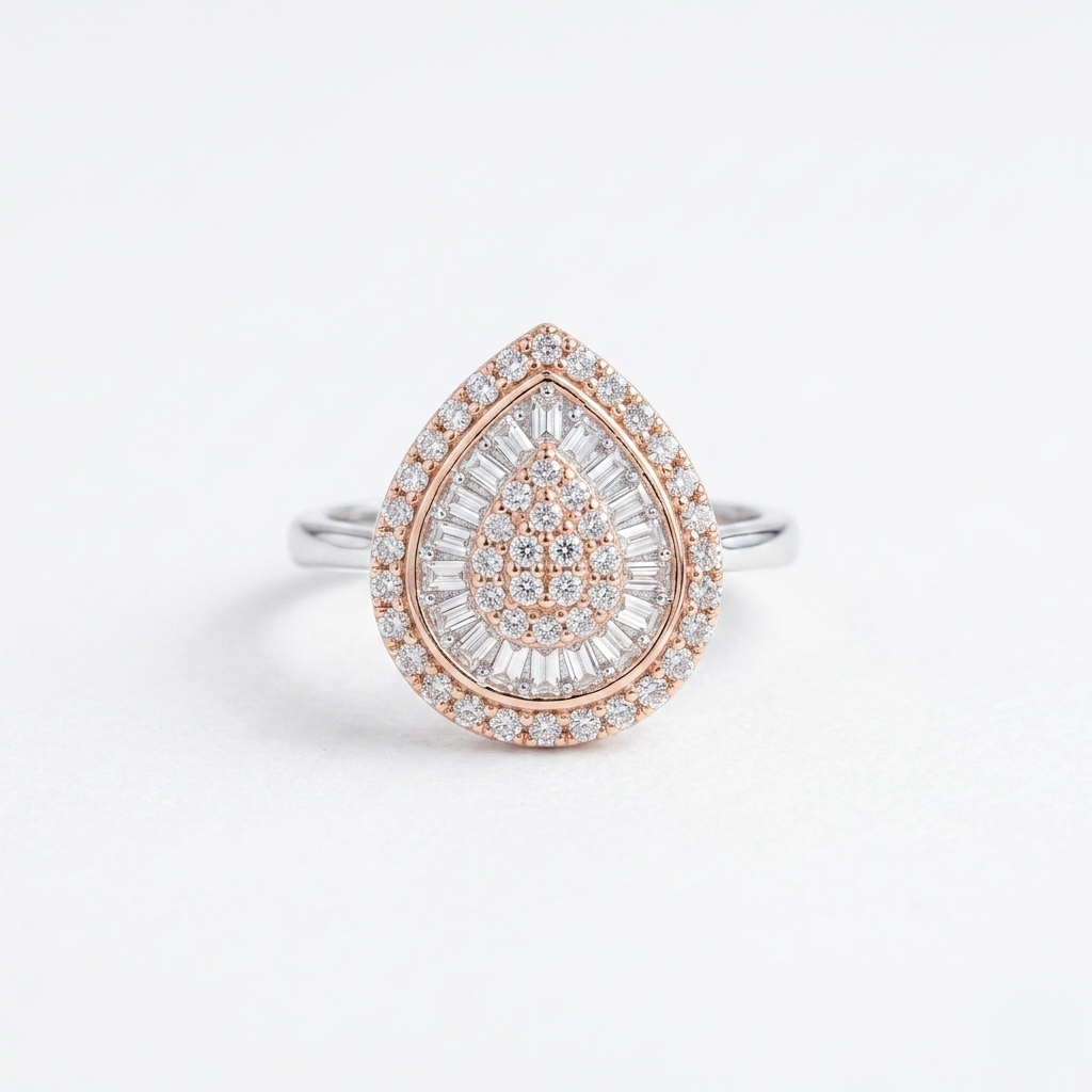 Front view of the dual-tone Rose Gold Teardrop Cluster Ring showcasing the baguette and round stones on a white background