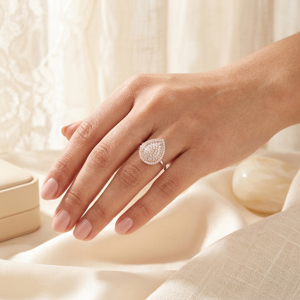 Woman's hand modeling the Rose Gold Teardrop Cluster Ring with a soft, neutral manicure