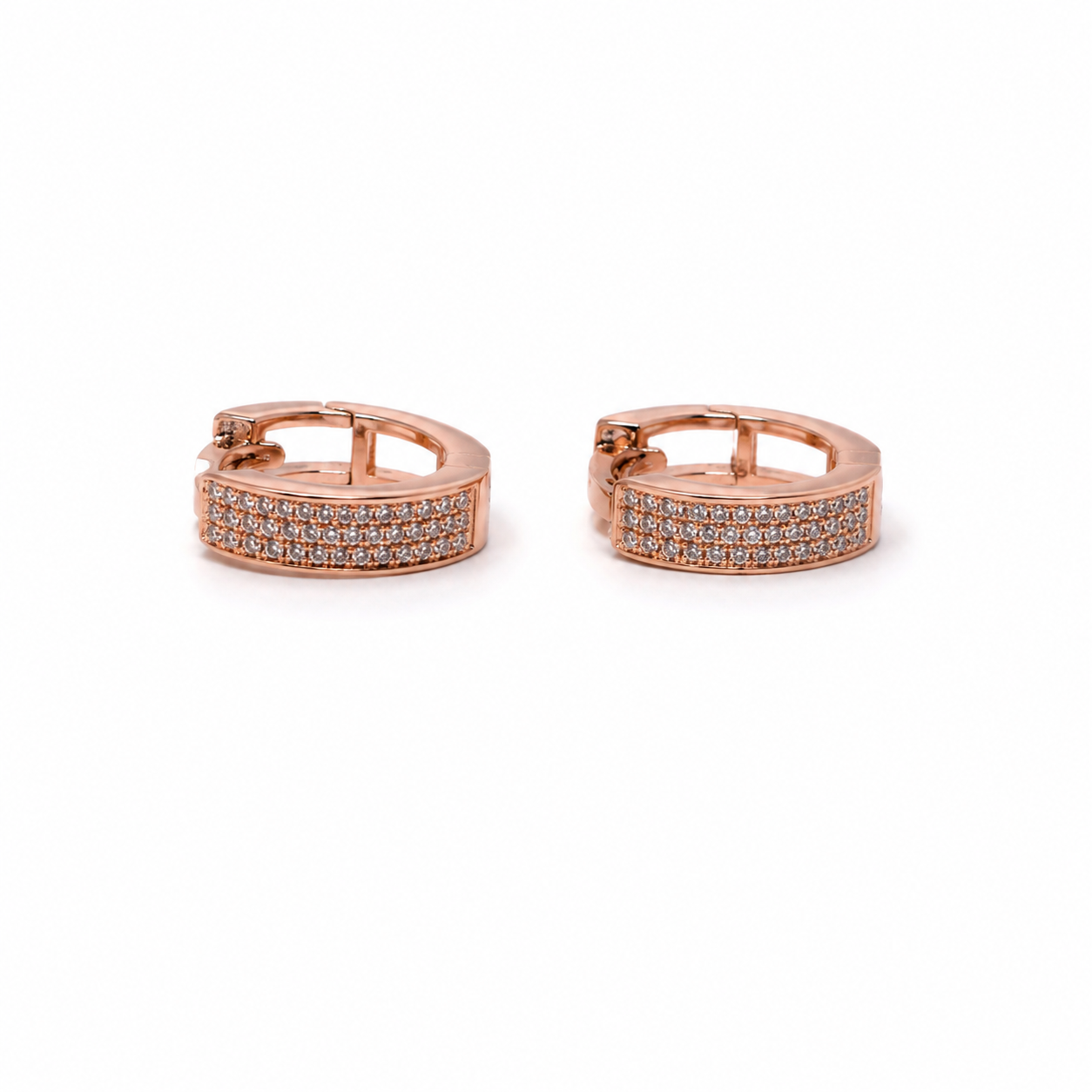 Rose Gold Triple Row Pave Huggie Earrings_01