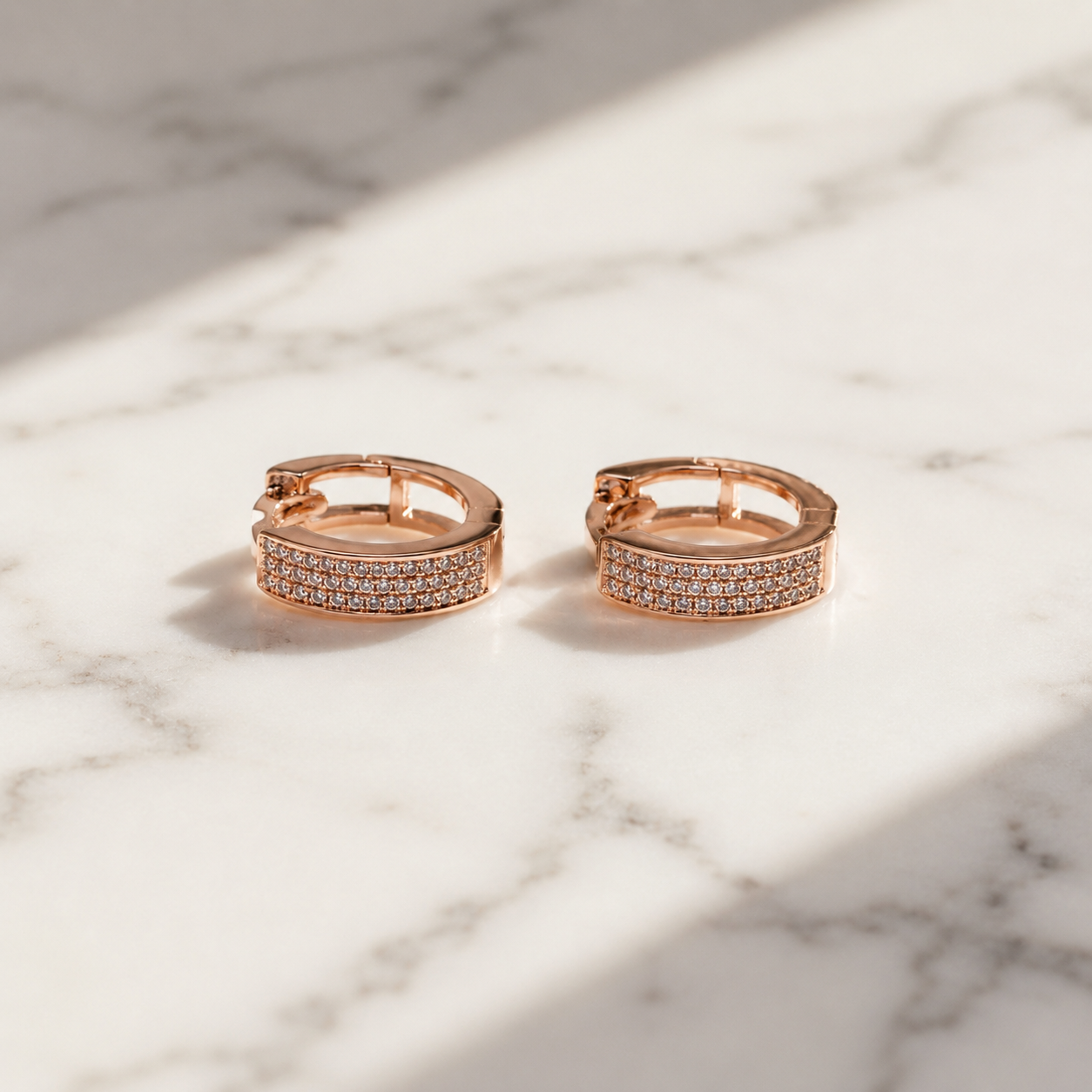 Rose Gold Triple Row Pave Huggie Earrings_02