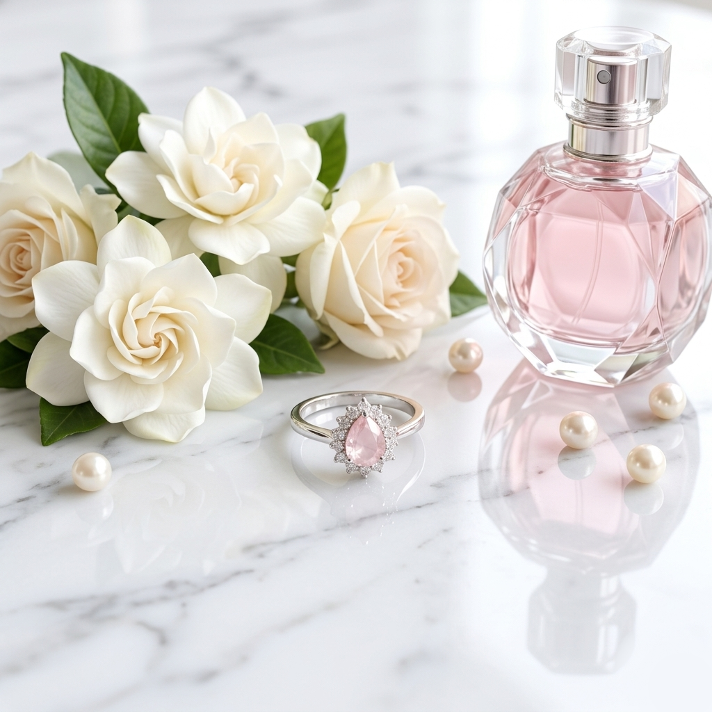  Rose Quartz Pear Halo Silver Ring laid on a white marble surface next to white gardenia flowers, a pink perfume bottle, and scattered pearls