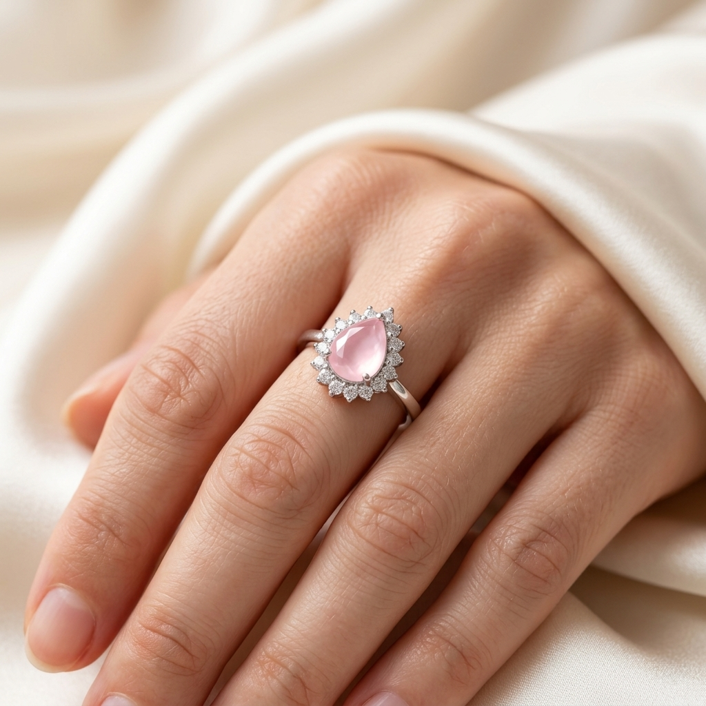 Rose Quartz Pear Halo Silver Ring | Jiya Gold Palace