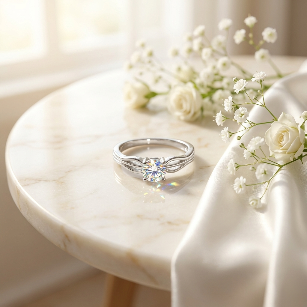 Round-Cut Silver Solitaire Wave Ring resting on a marble table next to delicate white flowers and draped silk