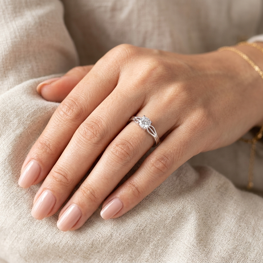 Woman's hand wearing the Round-Cut Silver Solitaire Wave Ring on her ring finger, resting against a textured beige fabric