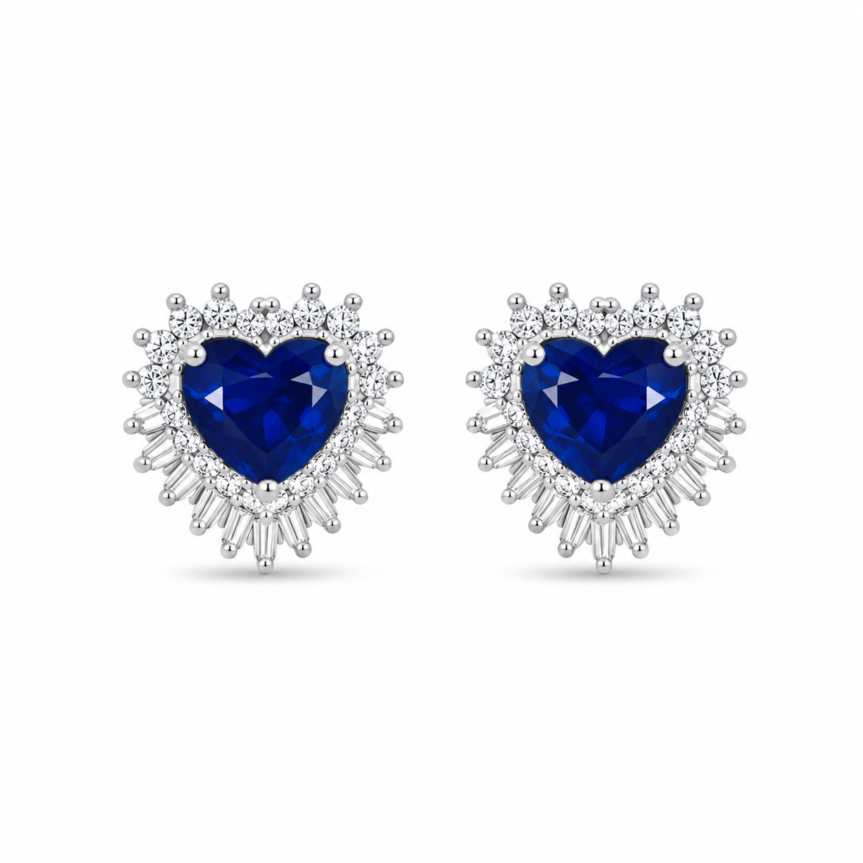 Front view of Royal Blue Heart Sunburst Halo Stud Earrings featuring a blue center stone and sparkling border