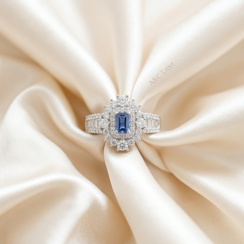 Royal Neelam Halo Statement Ring resting on soft ivory silk fabric highlighting its double diamond halo