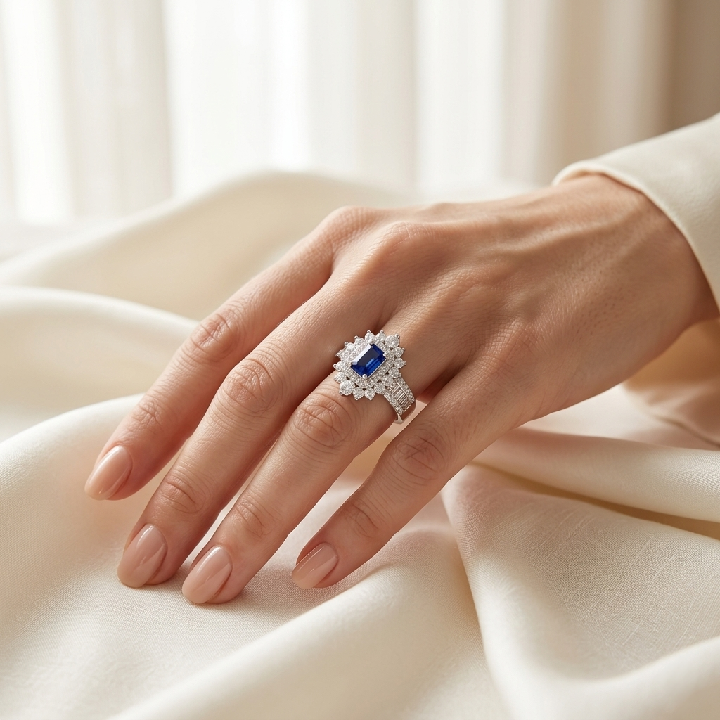 Woman's hand wearing the Royal Neelam Halo Statement Ring resting elegantly on folded white fabric