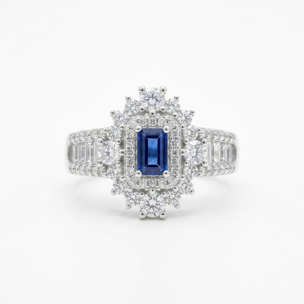 Close-up front view of the Royal Neelam Halo Statement Ring with baguette cut stones on a white background