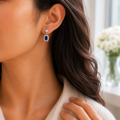 Sapphire Blue Oval Halo Drop Earrings