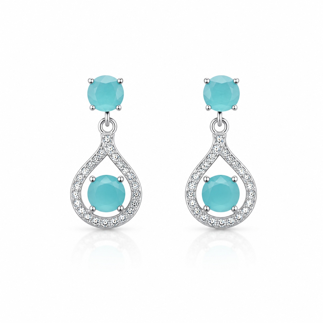 Sea Green Teardrop Halo Drop Earrings (Round Centre Stone) with round sea green stones and a sparkling teardrop halo frame