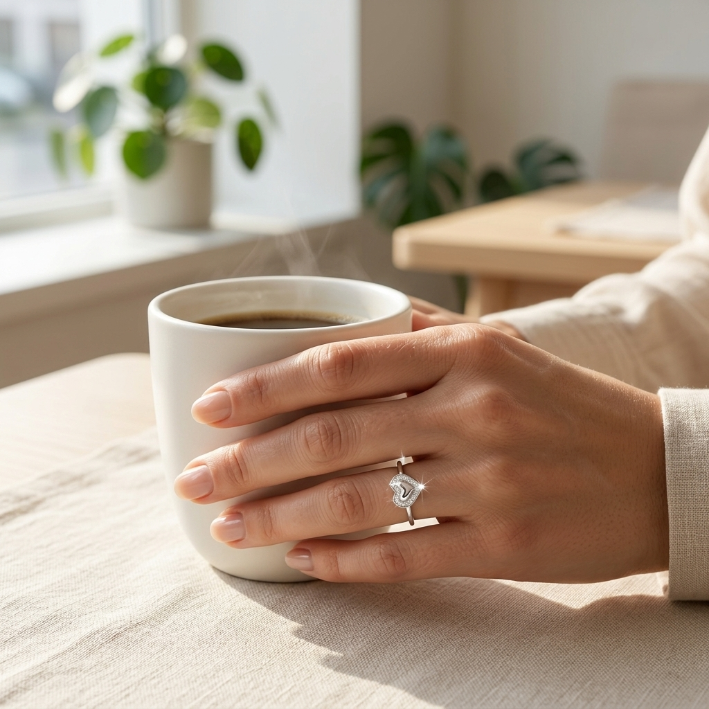 Woman's hand holding a white coffee mug wearing the Shimmering Heart Silver Ring on her ring finger