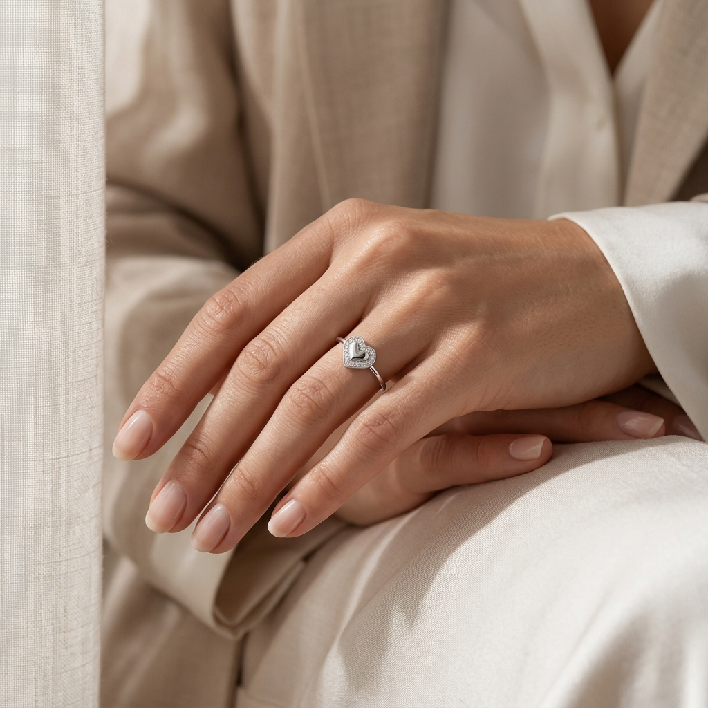 Close-up of a woman's hands resting on her lap showcasing the detailed pave setting of the Shimmering Heart Silver Ring