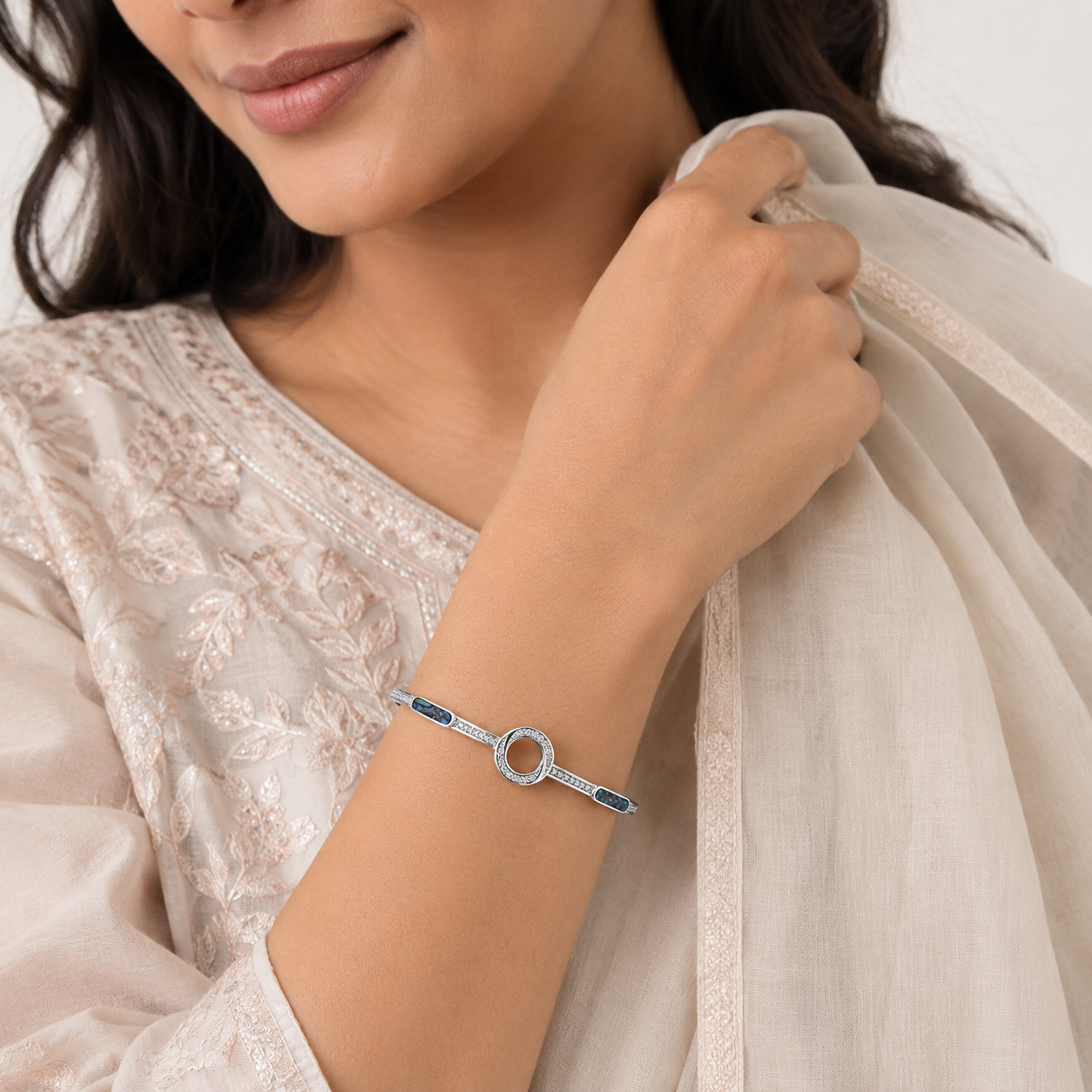 Silver Abalone Halo Circle Cuff Bracelet