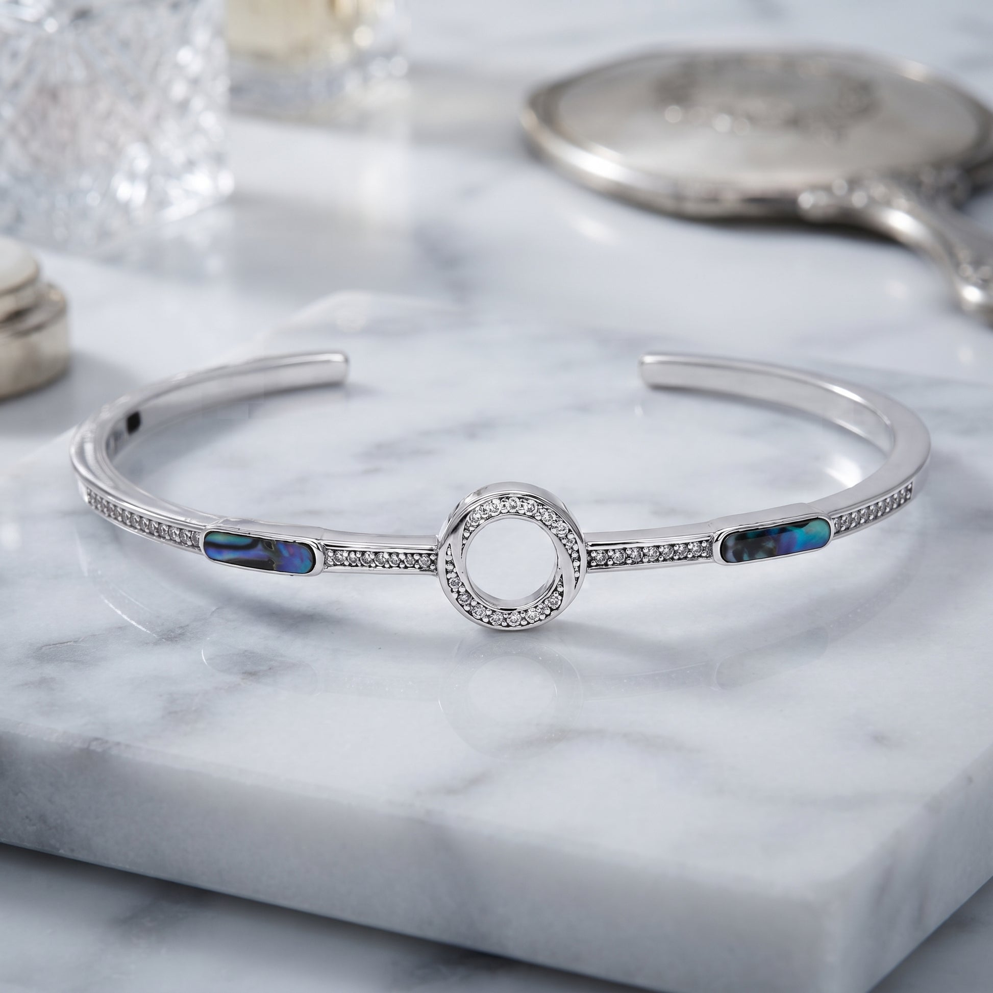 Silver Abalone Halo Circle Cuff Bracelet