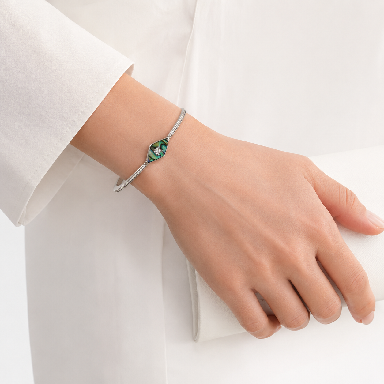 Silver Abalone Marquise Pave Cuff Bracelet