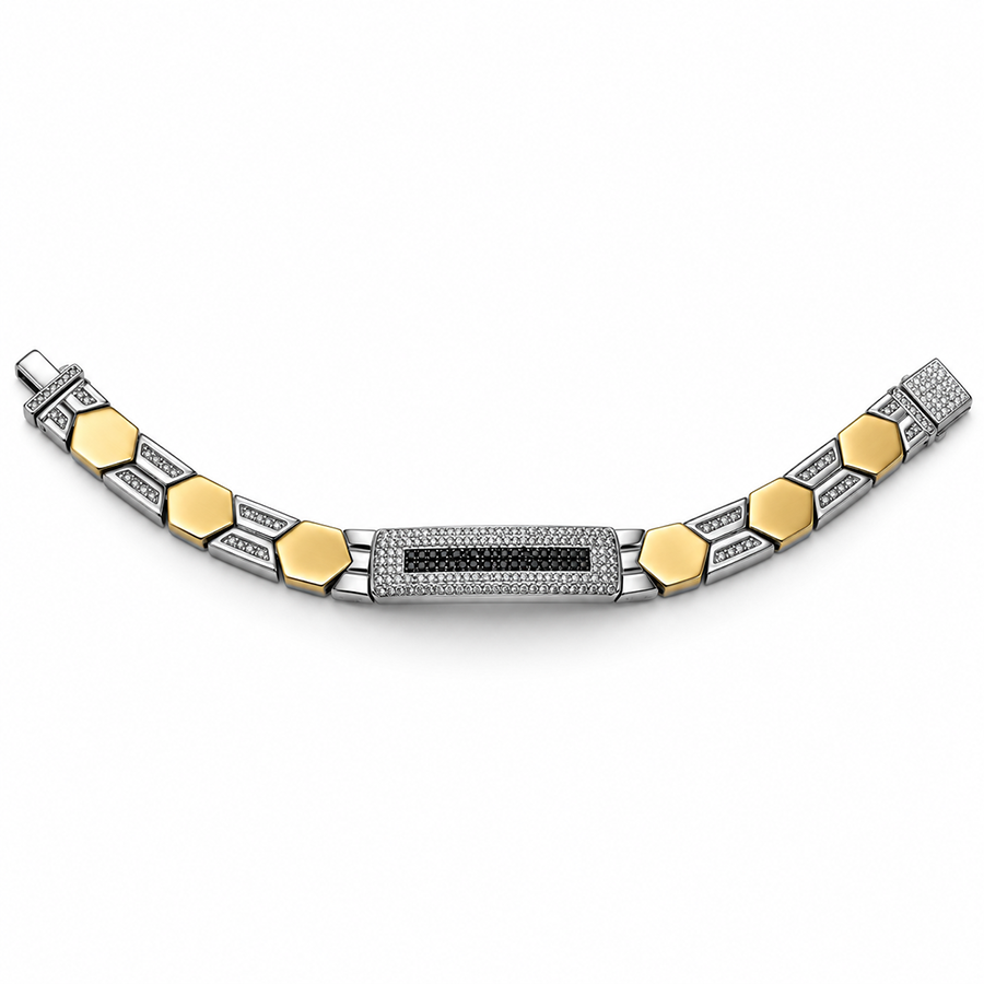 Silver and Gold Hexagon Black Pave Mens Bracelet
