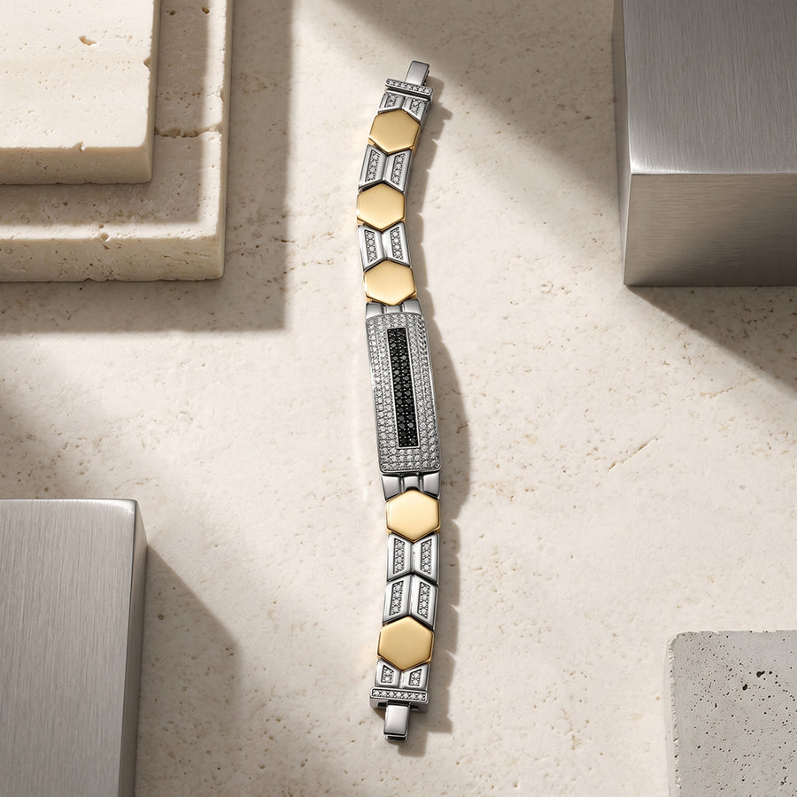 Silver and Gold Hexagon Black Pave Mens Bracelet