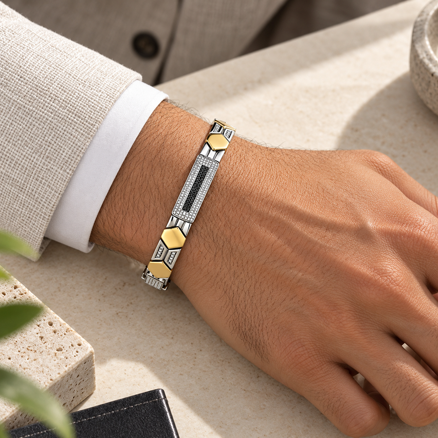 Silver and Gold Hexagon Black Pave Mens Bracelet