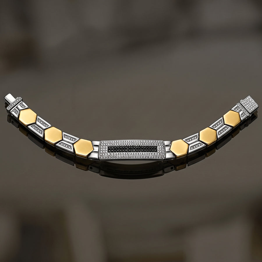 Silver and Gold Hexagon Black Pave Mens Bracelet