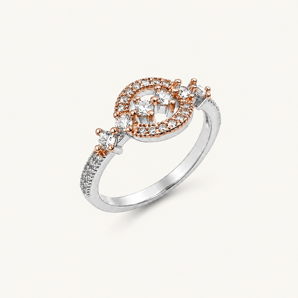 Silver and Rose Gold Halo Cluster Ring
