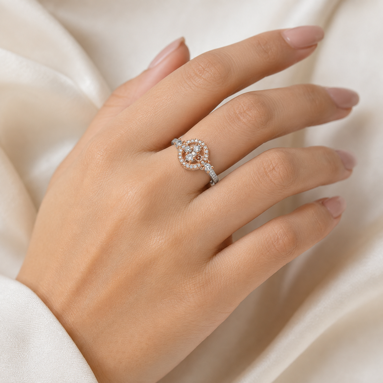 Silver and Rose Gold Halo Cluster Ring