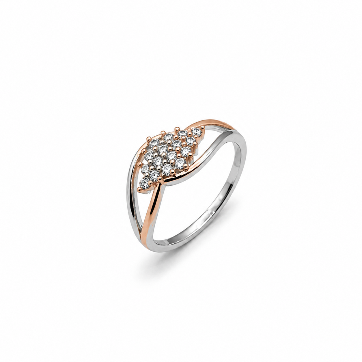 Silver and Rose Gold Marquise Swirl Pave Ring
