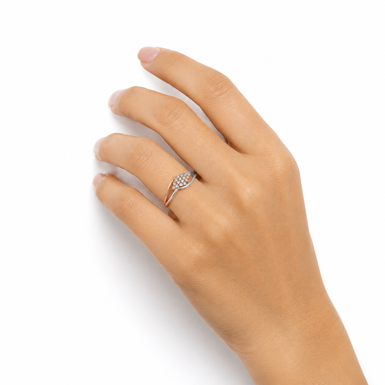 Silver and Rose Gold Marquise Swirl Pave Ring
