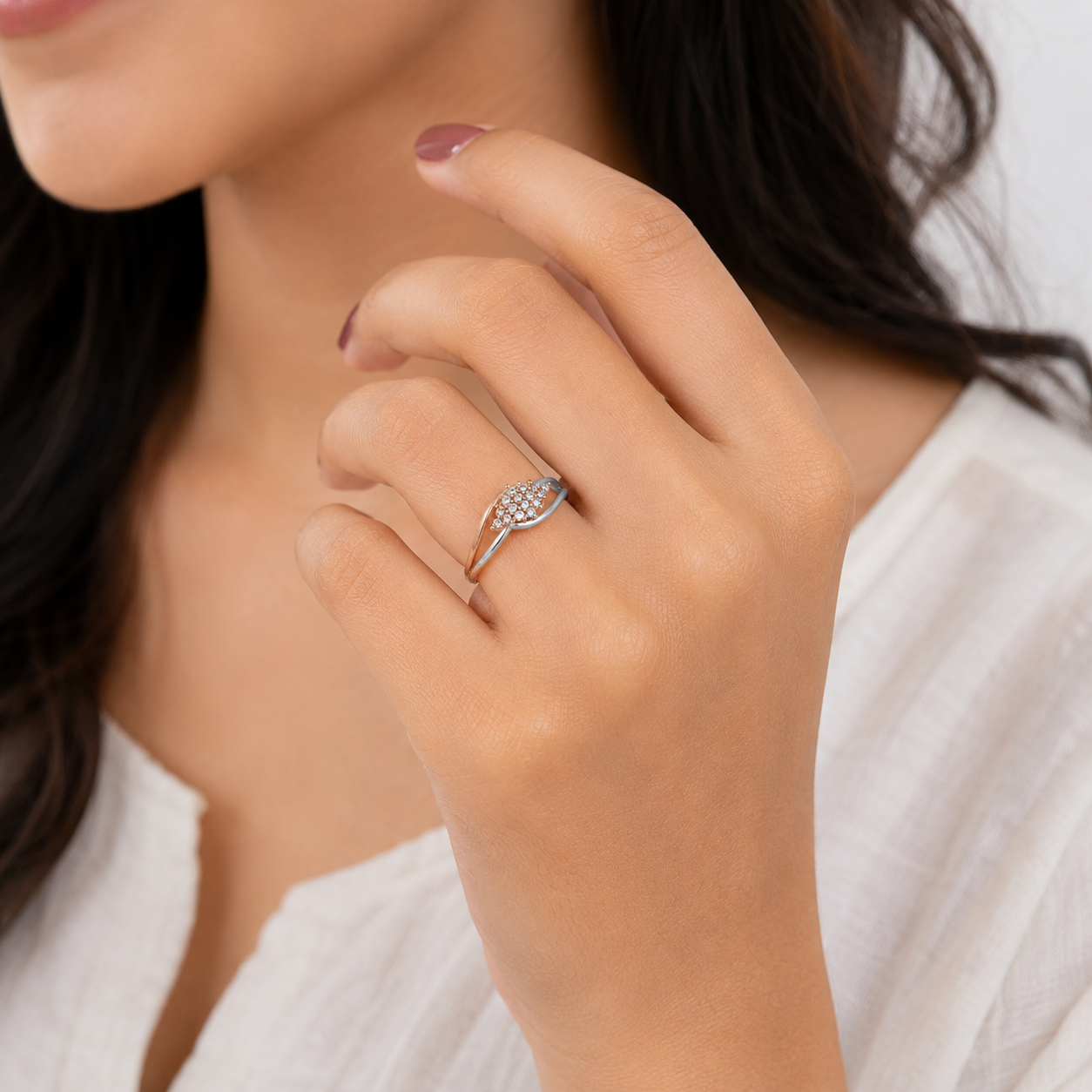 Silver and Rose Gold Marquise Swirl Pave Ring