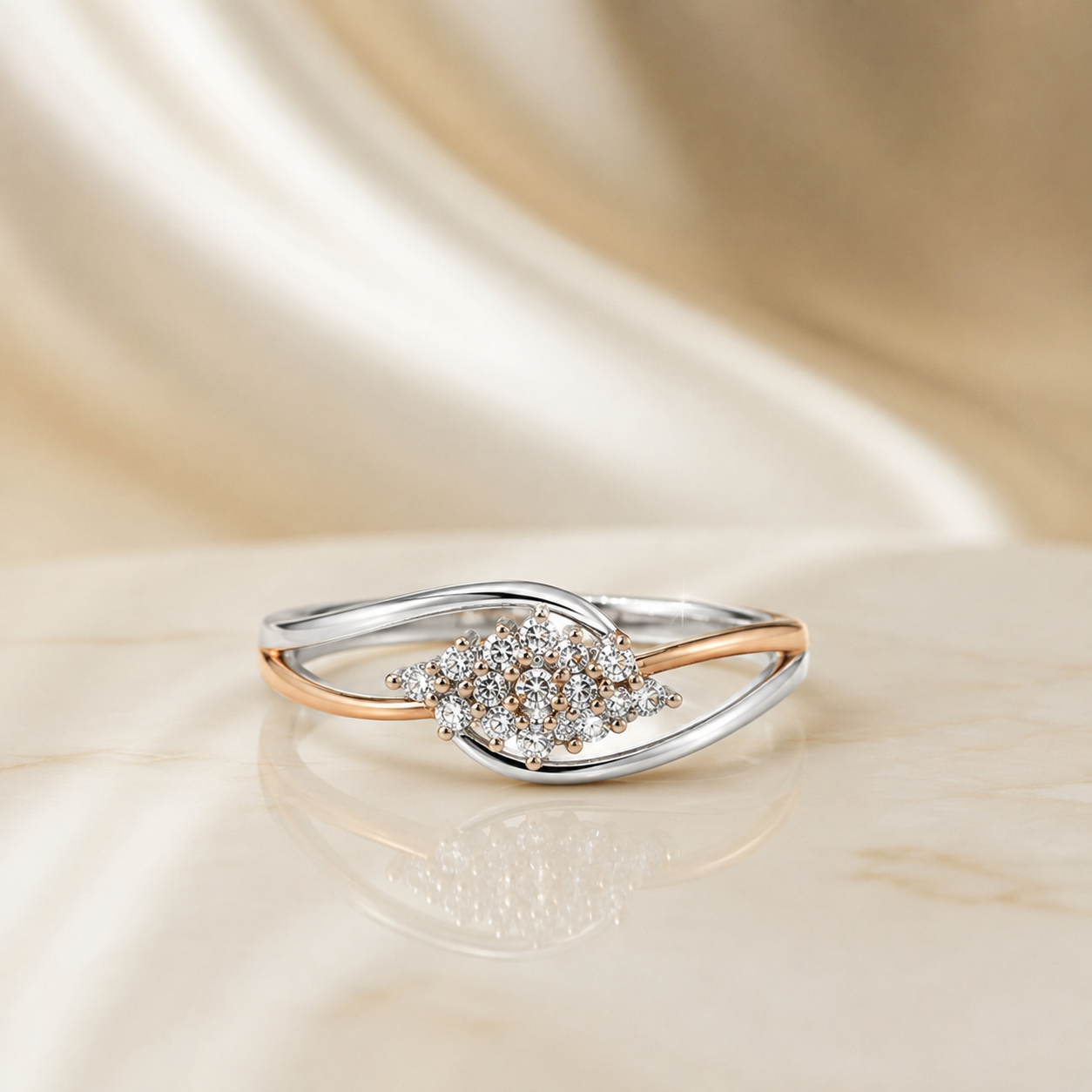 Silver and Rose Gold Marquise Swirl Pave Ring