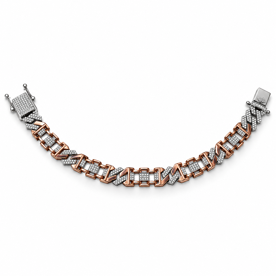 Silver and Rose Gold Pave Box Link Mens Bracelet
