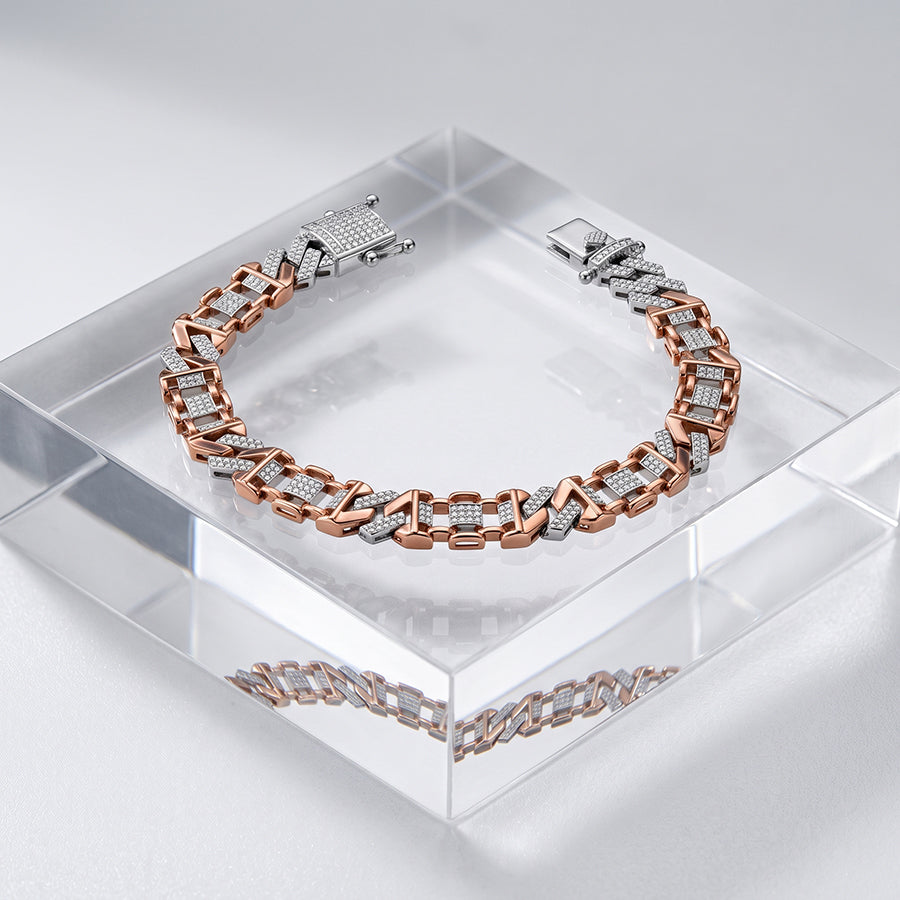Silver and Rose Gold Pave Box Link Mens Bracelet