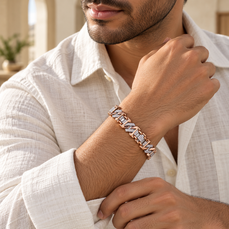 Silver and Rose Gold Pave Box Link Mens Bracelet